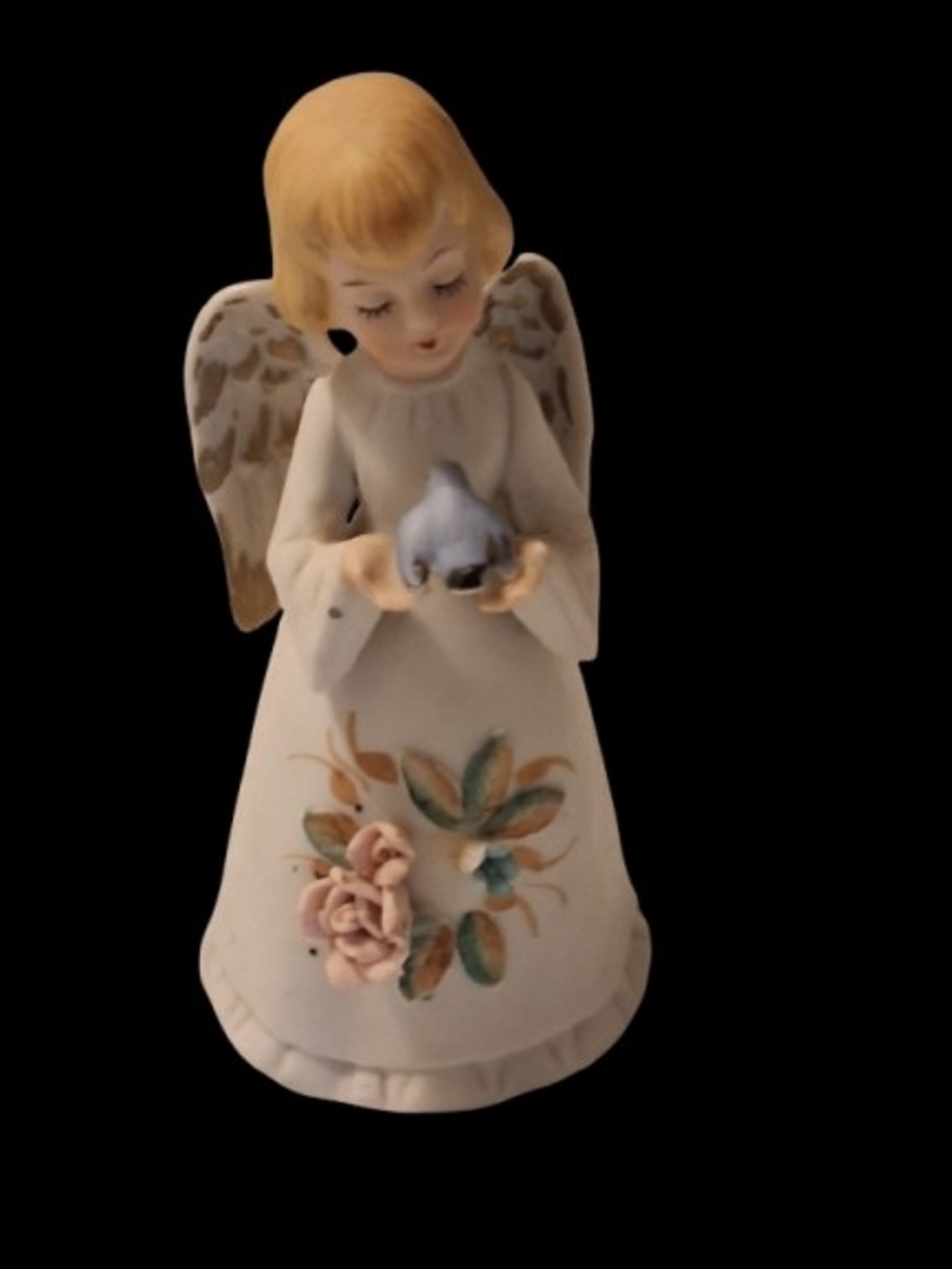 Home Interiors Angel Bell Porcelain Bisque Figurine Holding Blue Bird HOMCO